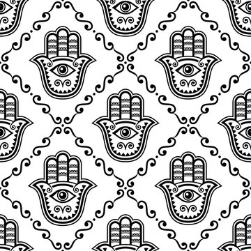 Hamsa hand seamless vector pattern, Khamsa or Hand of Fatima repetitive design, symbol of protection from devil eye background in black and white