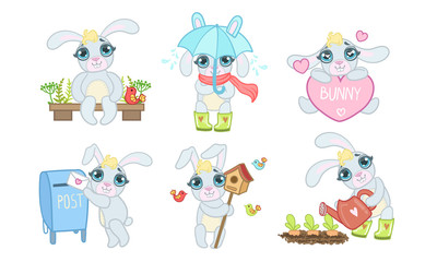 Adorable Bunny Cartoon Character Set, Cute Lovely Animal in Different Situations Vector Illustration