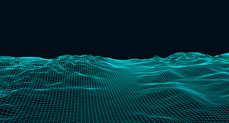 Abstract digital landscape with particles dots and stars on horizon. Wireframe landscape background. Big Data. 3d futuristic vector illustration. 80s Retro Sci-Fi Background