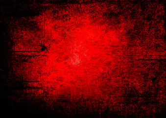 Halloween holiday bloody red grunge background with silhouettes of spider and webs