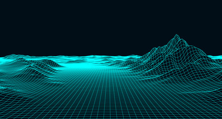 Abstract digital landscape with particles dots and stars on horizon. Wireframe landscape background. Big Data. 3d futuristic vector illustration. 80s Retro Sci-Fi Background