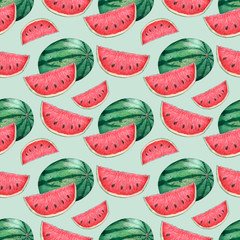 Watermelon painted in watercolor. Seamless pattern with watercolor watermelons.