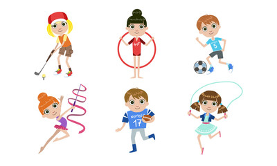 Kids Doing Different Kind of Sports Set, Boys and Girls Playing Golf, Soccer, Football, Jumping with Skipping Rope Vector Illustration