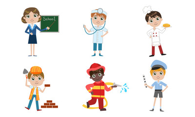 Kids of Different Professions Set, Teacher, Doctor, Cook, Builder, Fireman, Traffic Controller Vector Illustration