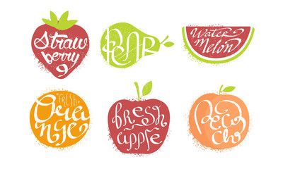 Fresh Fruits Prints Set, Strawberry, Pear, Watermelon, Orange, Apple, Peach Grunge Style Vector Illustration