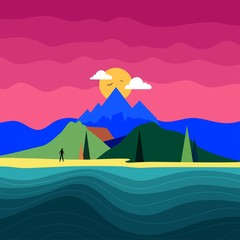 Vector illustration with man silhouette, mountain landscape, ocean and trees