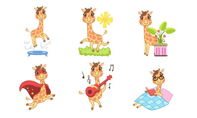 Cute Giraffe Cartoon Character Set, Adorable Cheerful Animal in Different Situations Vector Illustration