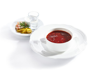 Russian Borscht or Borsch with Lard, Sour Cream, Pickles and Vodka