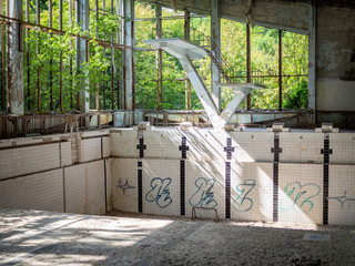 Inside the Azure Swimming Pool in Pripyat city, Chernobyl Exclusion Zone, Ukraine