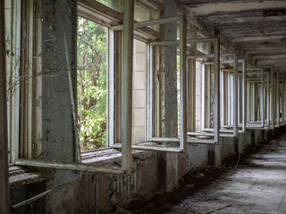Inside hall of the abandoned Pripyat Elementary School No. 3 in Pripyat city, Chernobyl Exclusion Zone, Ukraine