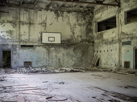 Inside the gymnasium of the abandoned Pripyat Elementary School No. 3 in Pripyat city, Chernobyl Exclusion Zone, Ukraine