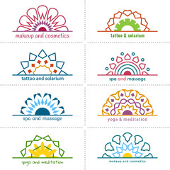Set of eight templates of stickers or logo with geometric multicolor flowers.