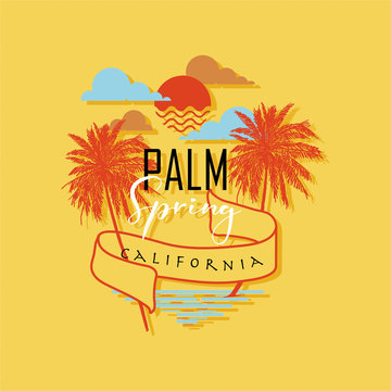 Palm spring in California beach text and hand drawn palm trees with sunny sky vector illustrations. Design For t-shirt ,fashion, fabric, web, and all prints