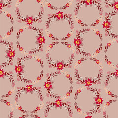 Obraz premium Seamless pattern in circle shape .Romantic wreath Botanical red flowers with leaves on the retro light brown background vector illustration.