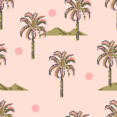 Palm trees and island mountain pixle  in vector illustration. Design for fashion , fabric, web ,wallpaper, wrapping  and all prints