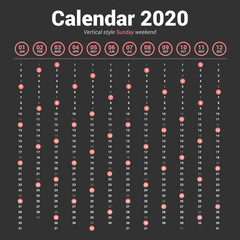 Calendar 2020 vertical style. Sunday weekend. Vector design on dark background.