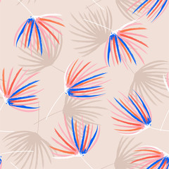 Retro pastel mood colorful hand brush sketch of palm leaves seamless pattern in vector .Design feor fashion, fabric, web,wallpaper, wrappidng and all prints