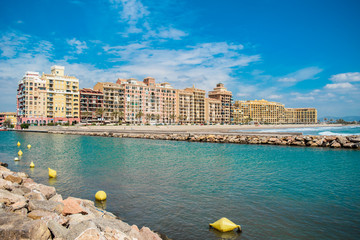 Port Saplaya. Valencia, Spain. May 16, 2019. View on resort by sea of the port Saplaya in the city of Valencia, Spain.