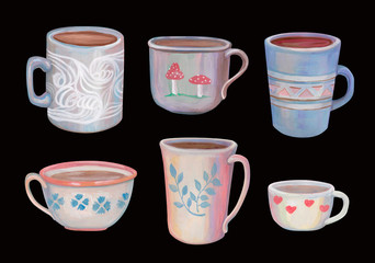 Acrylic drawing cute mugs in pastel colors. Beautiful delicate set. Collection of cozy cups isolated on black. Original elements for design.