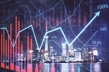 Financial graph on night city scape with tall buildings background multi exposure. Analysis concept.