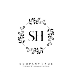 letter SH surrounded by beautiful and elegant flowers and leaves. Wedding monogram logo template. Fashion Logo template Vectors,
