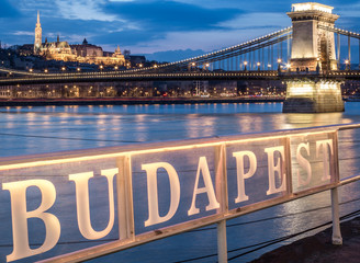 Budapest, Hungary - Iconic Chain Bridge, Matthias Church, Fishermans Bastion over Danube river