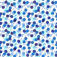 Vector seamless pattern of monotone blue tropical leaves with monotone circle dots on shade of blue for summer vibes ,