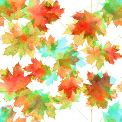 Autumn pattern, image of maple leaves in various colors. Watercolor texture