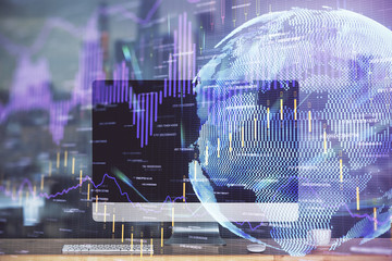 Multi exposure of forex graph and work space with computer. Concept of international online trading.