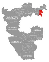 Renishaw red highlighted in map of North East Derbyshire district in East Midlands England UK