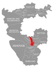 Tupton red highlighted in map of North East Derbyshire district in East Midlands England UK
