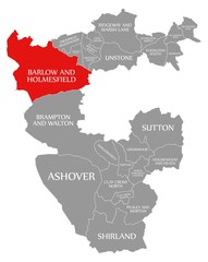 Barlow and Holmesfield red highlighted in map of North East Derbyshire district in East Midlands England UK