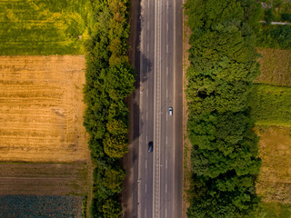 Aerial view of asphalt road passes through forest. Top view.