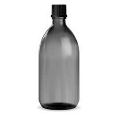 Black Bottle. Glass Medical Jar. Syrup Vial Mockup. Pharmacy Packaging for Vitamin or Essential Aromatic Oil. Round Design 3d Pharmaceutical Medicament Storage with Screw Plastic Lid isolated on White