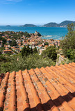 Aerial view of the Gulf of La Spezia with the Lerici town. In the background the island of Palmaria, Tino and Tinetto and the town of Porto Venere or Portovenere. Liguria, Italy, Europe