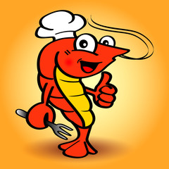 cartoon prawn is chef with orange background