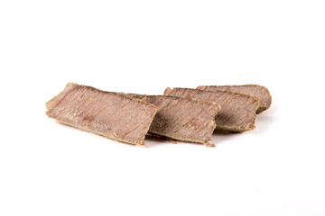 Sliced boiled beef meat isolated on white background.
