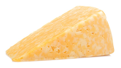 Slice of delicious marbled cheese on a white isolated background. close-up