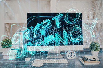 Double exposure of blockchain and crypto economy theme hologram and table with computer background. Concept of bitcoin cryptocurrency.