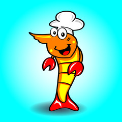 cartoon prawn is chef with cerulean background