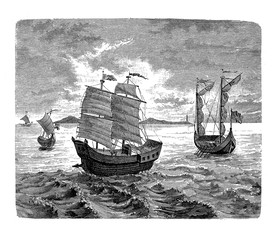 Carrack ships  of the Spanish expedition commanded by the Portuguese explorer Ferdinand Magellan to circumnavigate the world © acrogame