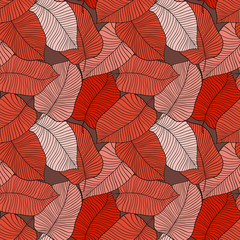 Foliage seamless pattern, leaves line art ink drawing 