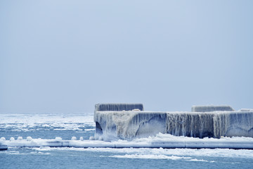 Harsh winter view of the coast of the sea. Odessa. Black Sea.