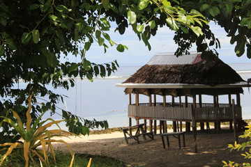 A beach fale is a simple thatched hut in Samoa. Beach fales are also common in other parts of Polynesia. Built with a few posts, no walls and a thatched roof with a round or oval shape. © peacefoo