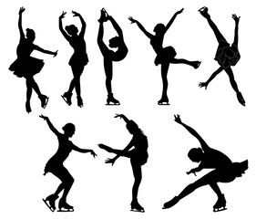 Set of figure skating. Collection of girls figure skating. Black white illustration. Winter sport. Ice skating. © Igor