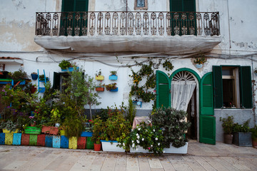 bright facade decorated with plants and colored objects