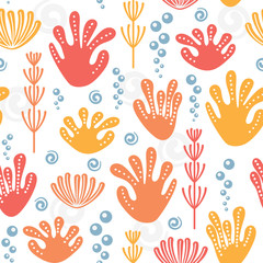 Fun seamless repeat pattern with colorful corals, seaweed, bubbles and spirals. Positive marine endless background.