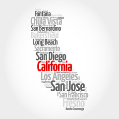 List of cities in California USA state, map silhouette word cloud map concept