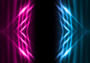 Dark abstract futuristic background. Neon lines, glow. Neon lines, shapes. Pink and blue glow