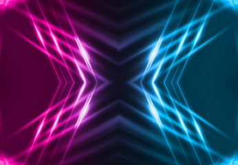 Dark abstract futuristic background. Neon lines, glow. Neon lines, shapes. Pink and blue glow